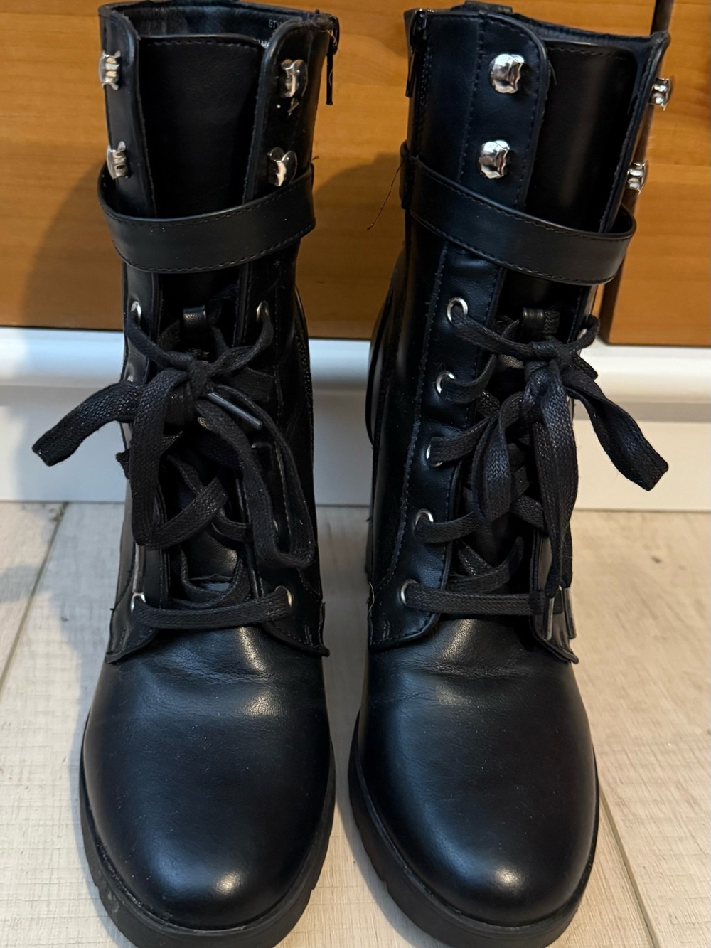 C&C California Black Lace-Up Combat Boots with Ankle Strap